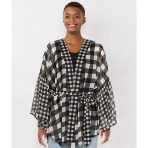 LC Lauren Conrad Black White Checkered Gingham Bell Sleeve Open Sheer‎ Blouse OS